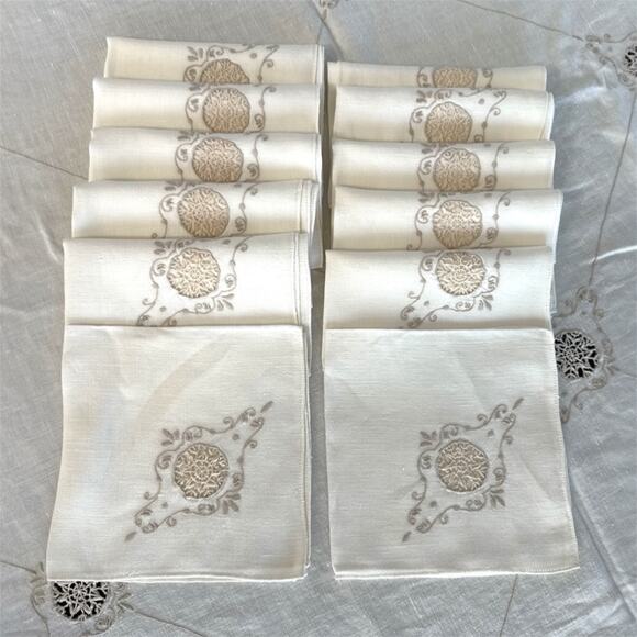 Rare Vintage Italian Ivory Linen Needlelace Tablecloth Set with 12 Napkins - Picture 6 of 9